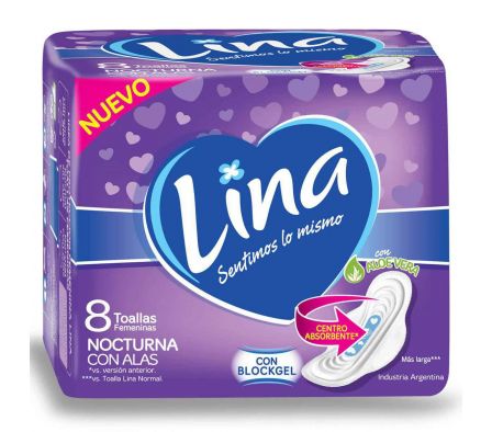 Lina toalla fem nocturna con alas paq.8 unid.