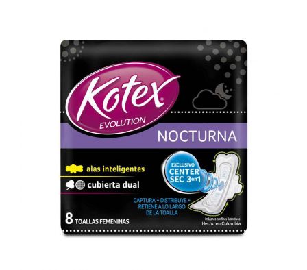 Kotex toalla fem dual nocturna evolution paq.8 unid.