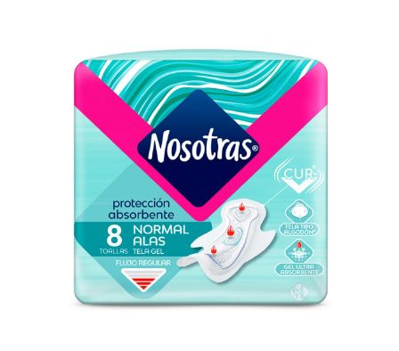 Nosotras toalla fem nat c/alas tela gel paq.8 unid.