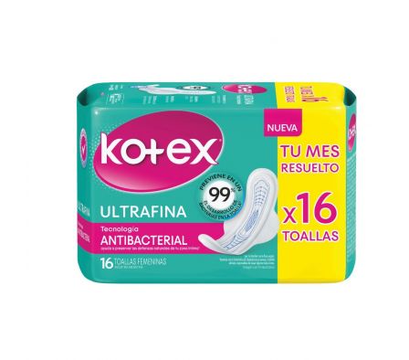 Kotex toalla fem antibacterial con alas paq.16 unid../.