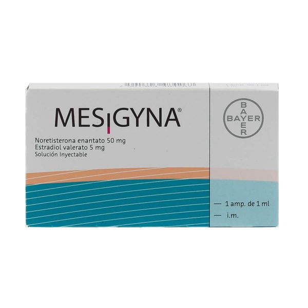 Mesigyna Noretisterona Enantato 50 mg Estradiol Valerato 5 mg Caja de 1 ampolla de 1 ml Mesigyna Noretisterona Enantato 50 mg Estradiol Valerato 5 mg Caja de 1 ampolla de 1 ml