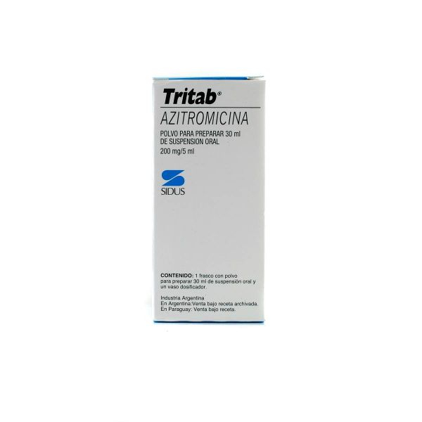 Tritab Azitromicina 200 mg / 5 ml - Caja de 1 frasco de polvo para prepara  30 ml de suspensión oral + 1 vaso dosificador