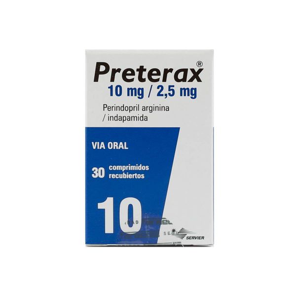 Preterax 10 mg / 2,5 mg Perindopril Arginina Indapamida Caja de 30 comprimidos recubiertos Preterax 10 mg / 2,5 mg Perindopril Arginina Indapamida Caja de 30 comprimidos recubiertos
