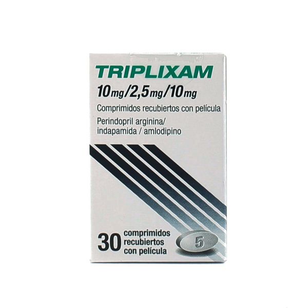 Triplixam 10 mg / 2,5 mg / 10 mg Perindopril Arginina Indapamida Amlodipino Caja de 30 Triplixam 10 mg / 2,5 mg / 10 mg Perindopril Arginina Indapamida Amlodipino Caja de 30